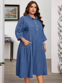 SHEIN CURVE+ Vestido de mezclilla para mujer de talla grande, con mangas fruncidas de moda, sin estiramiento