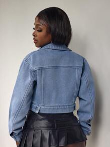 SHEIN Slayr Women's Casual Single Breasted Short Denim Jacket With Long Sleeves, Autumn - Light Wash - View 3