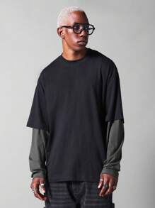 SUMWON Áo thun tay dài hai lớp dáng ôm vừa vặn có tay áo tương phản - màu đen - Xem 1