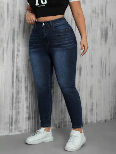 SHEIN ICON Plus Size Women Pocketed Skinny Casual Jeans, Versatile