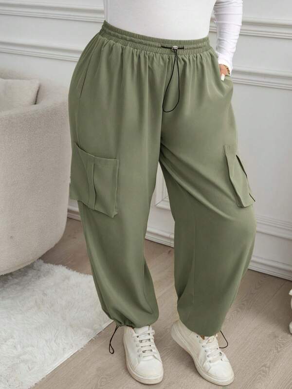 SHEIN LUNE Plus Size Drop Crotch Drawstring Cargo Pants With 3D Pockets Thanksgiving Outfit Women New Years Women Outfit Winter Dresses Winter Clothes Women Rave Outfits