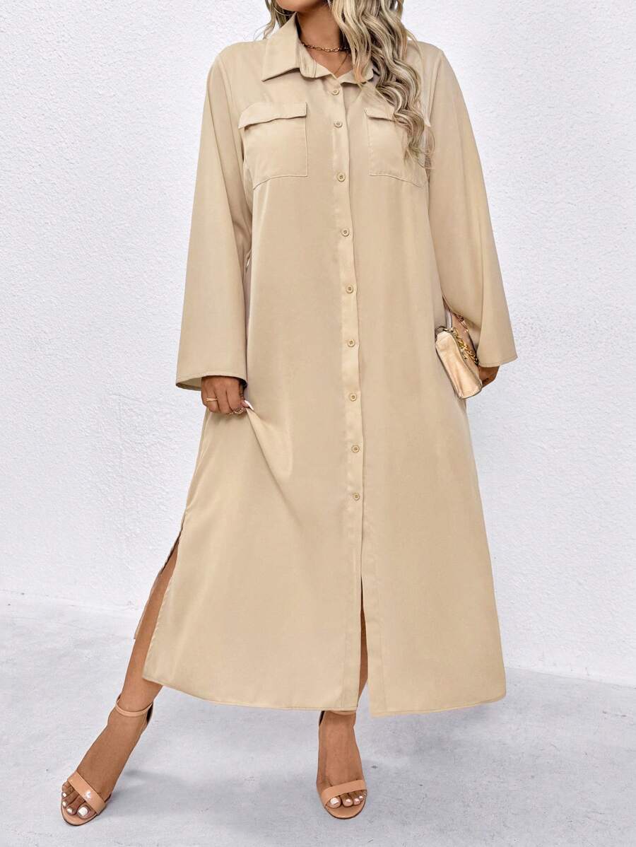 SHEIN LUNE Plus Size Women Casual Khaki Pocket Dress