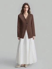 Ontre Black V-Neck Single-Breasted Fitted Blazer - Brown - View 3