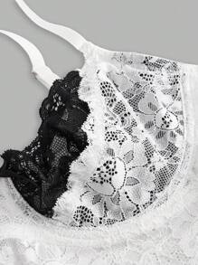 SHEIN ICON Color Block Double Layer Lace Cup Bow Decor Sexy Lingerie Bralette - Black and White - View 4