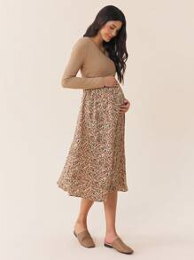 SHEIN 孕妇纯色花卉印花拼接哺乳长袖连衣裙，秋季