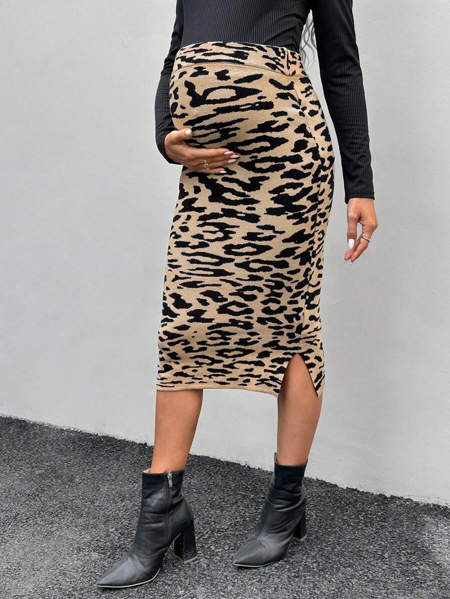 SHEIN Umstandsmode Lässig Leoparden-Muster Schlitzrock Strick-Oberteil und Rock Set für den täglichen Outdoor Gebrauch, Herbst/Winter, für Schwangere - Verschiedenfarbig - Übersicht 1