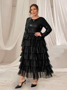 SHEIN Unity 大码亮片拼布分层网眼长袖连衣裙超长女装 - 黑色 - 查看 4