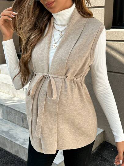 SHEIN Maternity Sleeveless Casual Sweater Vest With Front Tie, Daily