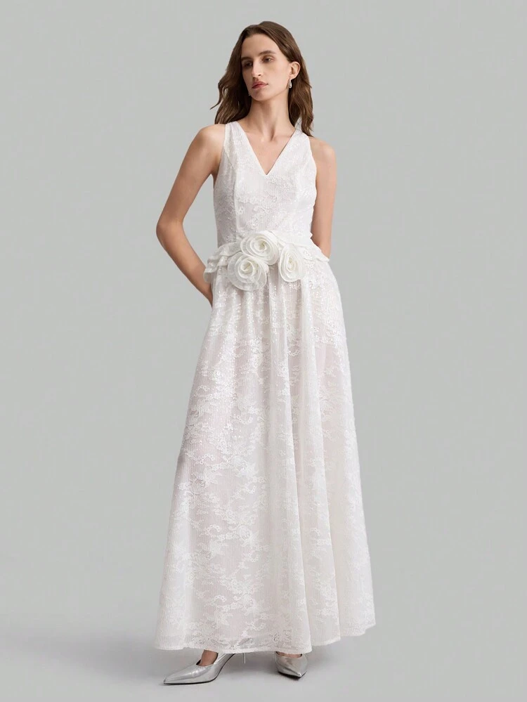 Women's Elegant White V-Neck Waist Gathering Sleeveless Dress With 3D Flower Decor, Suitable For All Seasons