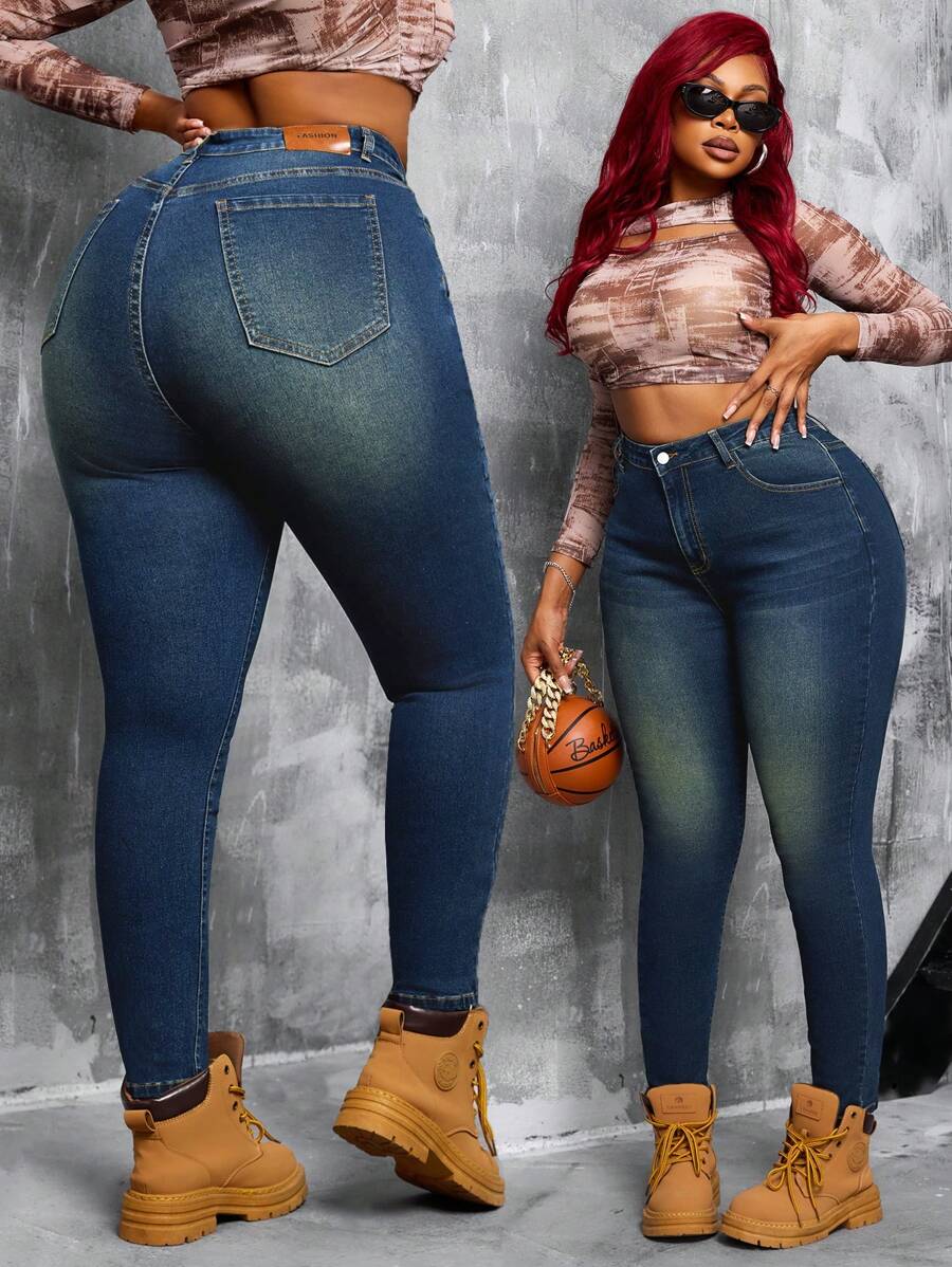 SHEIN CURVE+ Extra Plus Size Women Stretchable Casual Skinny Jeans Women Summer Outfits - Blue - View 1