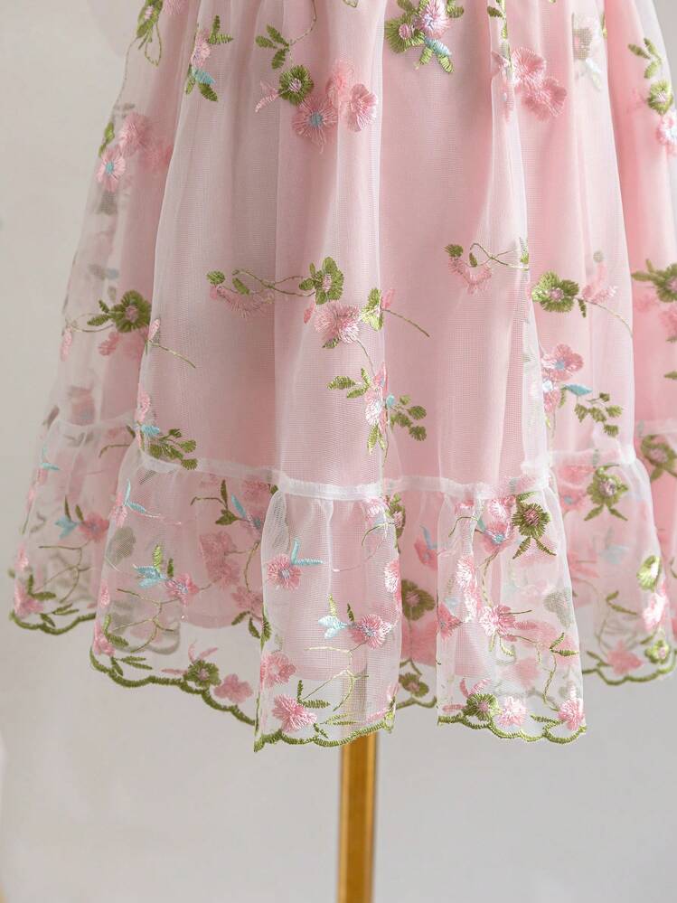 Soleia Vestido de verano con bordado floral para fiesta de jardín, graduación, casual para almuerzo, regreso a la escuela, vacaciones - Vestido mini con volantes, ajustado y amplio, tirantes de espagueti - Rosa - Añade 5