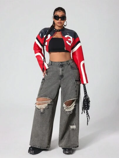 SHEIN ICON Jeans rectos con roturas de color gris talla grande para mujeres