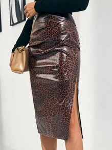 SHEIN Clasi Elegant Women's Winter PU Leopard Print Pleated Design High Waist Split Thigh Pleats Skirt