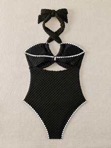 Swim Mod 夏季海滩吊带露背镂空女式连体泳衣 - 黑色 - 查看 5