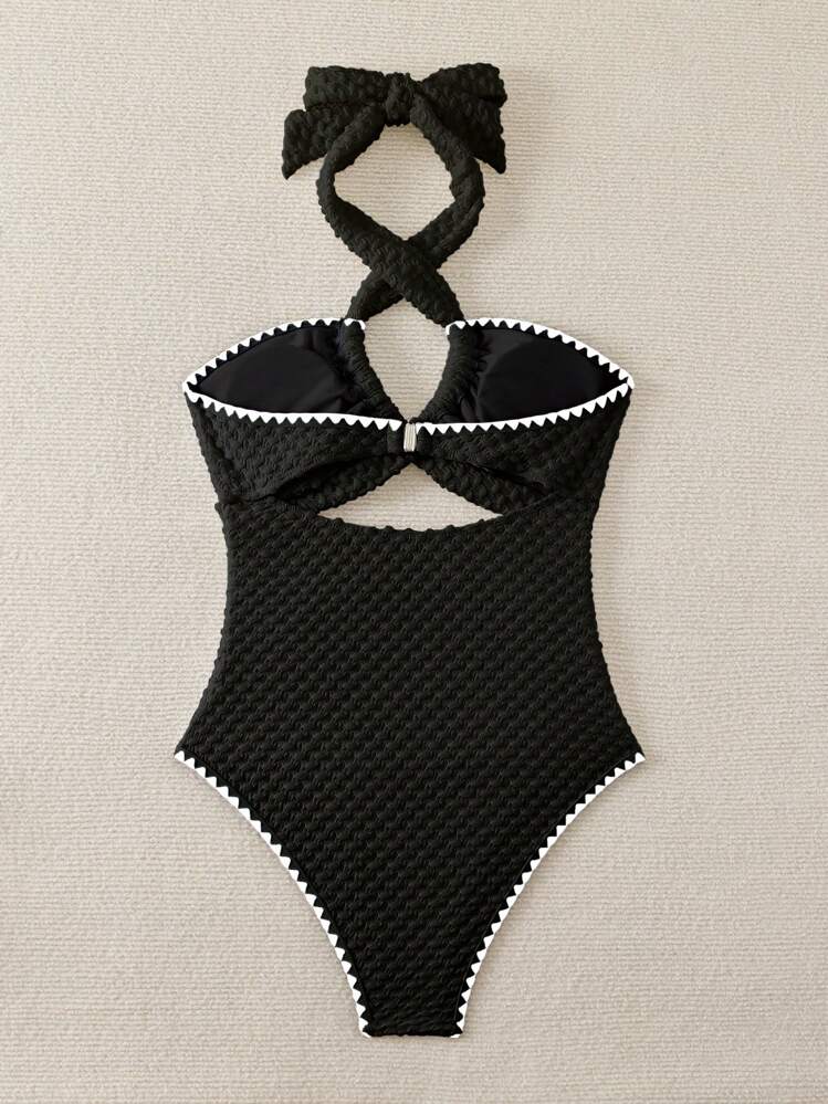 Swim Mod Traje de baño de una pieza con cuello halter, espalda descubierta y calados para mujeres, ideal para verano y playa - Negro - Añade 5