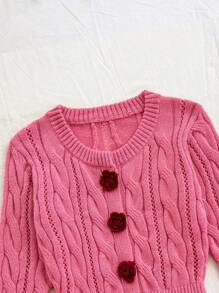 Soleia WYWH Women Vacation 3D Floral Crochet Knitted Cardigan Sweater, Rhombus Cable Knit Open Front Sweater, Rose Pink Color - Hot Pink - View 6