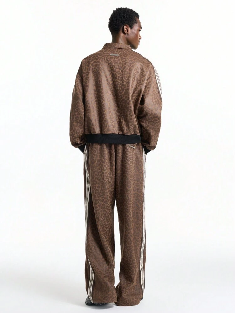 Men's Suede Send High Collar Half Open Leopard Print Jacket And Pants Set, For Fall Winter