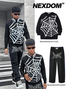 SHEIN Suéter de cuello redondo de manga larga con bordado de telaraña en blanco y negro casual para niños adolescentes, adecuado para otoño, invierno, cálido, escuela, hogar, diario, deportes, calle, concierto punk, versátil, simple