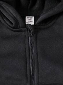 Baby Boy Solid Black Full Zip Long Sleeve Hooded Sweatshirt Jacket, Suitable For Casual Home Wear, Spring/Autumn