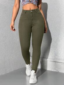 SHEIN ICON Quần Jeans Skinny Lưng Thấp Màu Trơn Thường Ngày Cho Nữ - xanh quân đội - Xem 6
