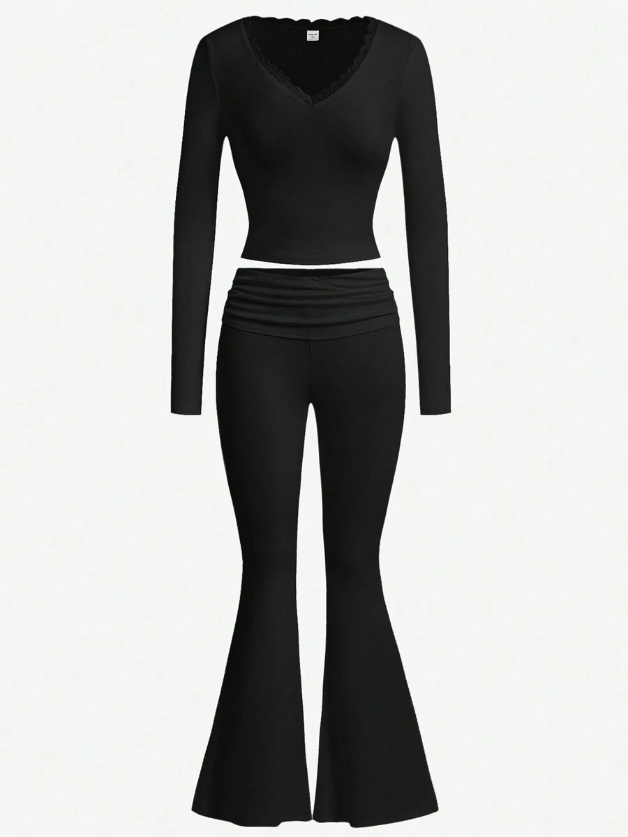 Teen Girls 2pcs/Set Black VNeck Lace Trim RibKnit Long Sleeve Tight