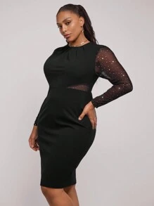 SHEIN Clasi Vestido elegante de manga larga con aplicaciones y patchwork, para tallas grandes, para otoño/invierno