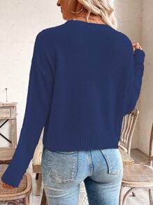SHEIN LUNE American Flag Pattern Crew Neck Casual Pullover Sweater Knit Pullover Fall Winter - Navy Blue - View 2