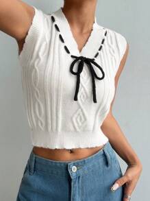 SHEIN Unity Collegiate Tied Collar Cropped Sweater Vest - White - View 1