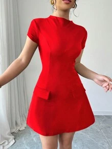 SHEIN PETITE Women Elegant Solid Color Stand Collar Short Sleeve Faux Pocket Minimalist Short Black Dress For New Year Clothes - Red - View 5
