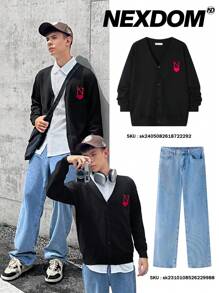 SHEIN 1pc Teen Boys' Casual Academy Style Loose Fit Long Sleeve Cardigan, Comfortable & Versatile, Adorned With Heart & Letter Jacquard Patterns, Suitable For Autumn And Winter Outings