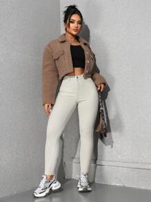 SHEIN ICON 纯色口袋拉链开合休闲紧身牛仔裤 - 杏色 - 查看 3