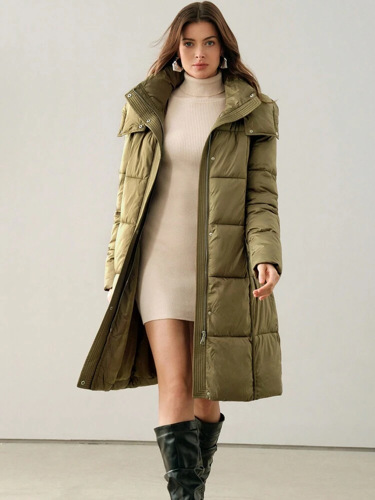 Chaqueta larga y suelta con capucha desmontable y gruesa, color camello, para mujeres