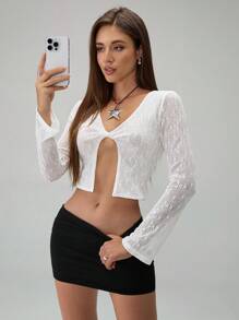 Chiquease 时尚性感蕾丝提花扭纹短款T恤