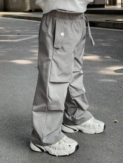 SHEIN 儿童/男孩休闲日韩风格字母松紧腰宽松纯色编织裤，适合春季、夏季、秋季、冬季上学、花园、海滩、生日