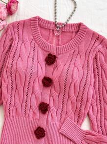 Soleia WYWH Women Vacation 3D Floral Crochet Knitted Cardigan Sweater, Rhombus Cable Knit Open Front Sweater, Rose Pink Color - Hot Pink - View 5