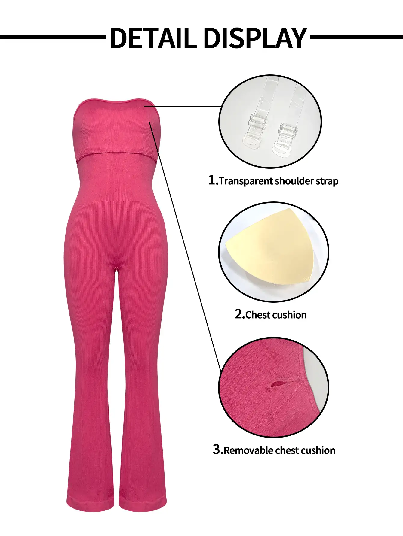 Easithlete Solid Color Figure-Hugging Sleeveless Strapless Sports Jumpsuit - Hot Pink - View 3