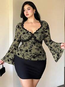 Flirla 大码女式喇叭袖花卉蕾丝拼接网眼植绒及膝长衬衫适合派对 - 綠色 - 查看 4