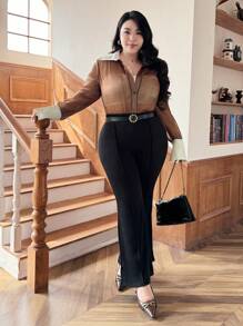 SHEIN Privé Plus Size Women Contrast Color Sheer Shimmer Blouse, Back To School For Fall - Brown - View 4