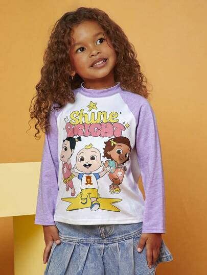 CoComelon X SHEIN Young Girl Cartoon Character Colorful Letter Print Comfy Casual Stand Collar Long Sleeve T-Shirt