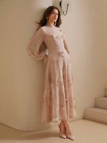 Anewsta Vintage Elegant Hollow Lace Embroidered Butterfly Round Neck Lantern Sleeve Tiered Waist Midi Dress, Autumn Maxi Women Outfit