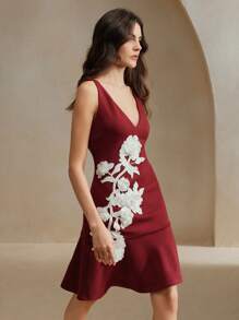 Anewsta Vestido elegante color borgoña con escote en V, sin mangas y corte de sirena con detalles florales