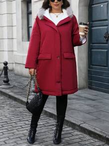 SHEIN Unity Plus Size Women Padded Hooded Coat, With Pockets, Loose Fit, Plush Patchwork Detail, Winter Clothes Fall Cloth For Women - Burgundy - View 4
