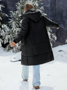 EMERY ROSE 2024冬装新款加厚宽松中长款过膝女士连帽加厚棉服大口袋外套 - 黑色 - 查看 5