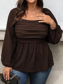 Vionelle Áo sơ mi tay dài cổ vuông xếp nếp màu trơn cỡ lớn cho nữ, áo peplum mùa thu - Cà phê nâu - Xem 4