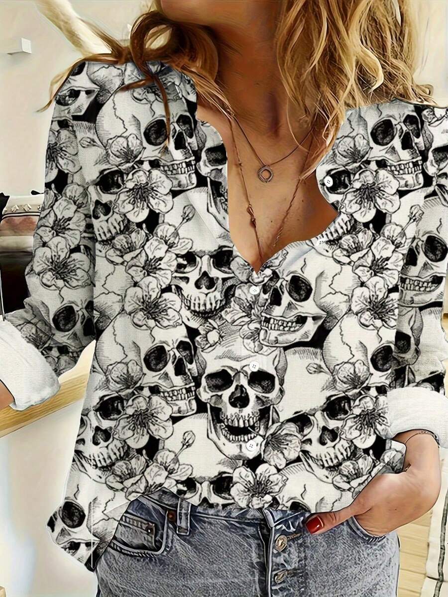 Women's Halloween Skull Print Minimalist Casual Button Down Long Sleeve Shirt, Spring/Summer - Black - View 1