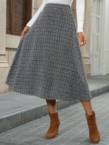 EMERY ROSE 女士休闲格子 A 字裙，适合秋季 - 黑與白 - 查看 8