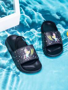 1 Par de Sandálias Rasteiras Macias e Confortáveis para Meninas Pequenas, Estampa de Unicórnio e Estrela Cartoon, Primavera/Verão