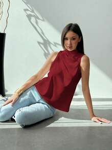 Aloruh Minimalist Commuter White Sleeveless Ruched H-Shaped Hem Woven Blouse For Women, Spring/Summer - Burgundy - View 6