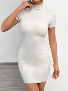 SHEIN EZwear 女士纯色高领紧身针织连衣裙，秋季 - 白色 - 查看 6