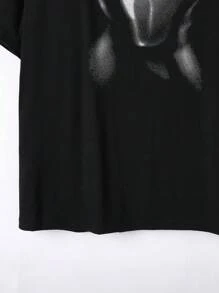 SHEIN 1pc Teen Boys' Casual Street Style Cool Printed Black Knitted Short Sleeve T-Shirt, Suitable For Summer Outings